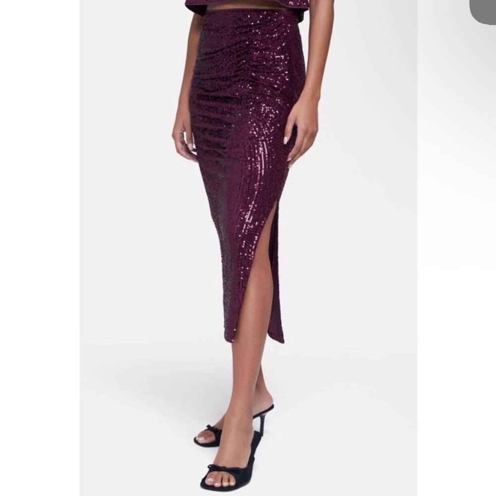 Wildfox sequin ruched side slit midi skirt purple
